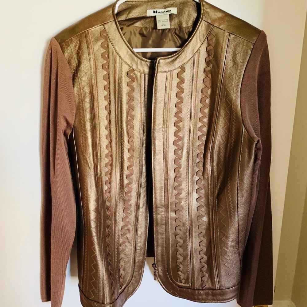 Leather and knit jacket metallic bronze